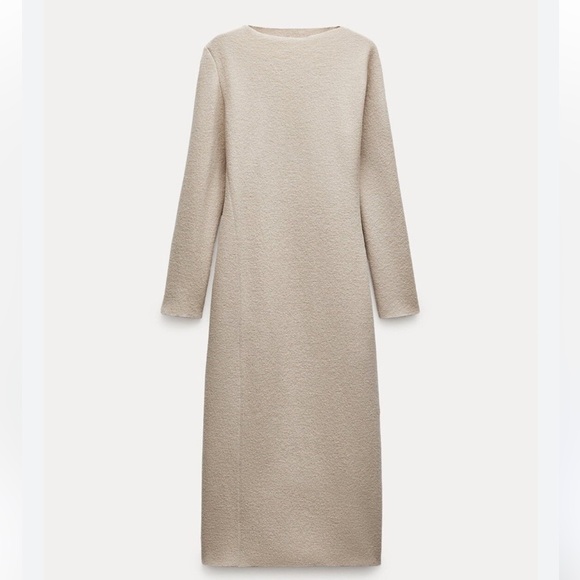 Zara NWT ZW Collection ivory boucle 100% wool midi dress long sleeve 8728/759 - Picture 3 of 5